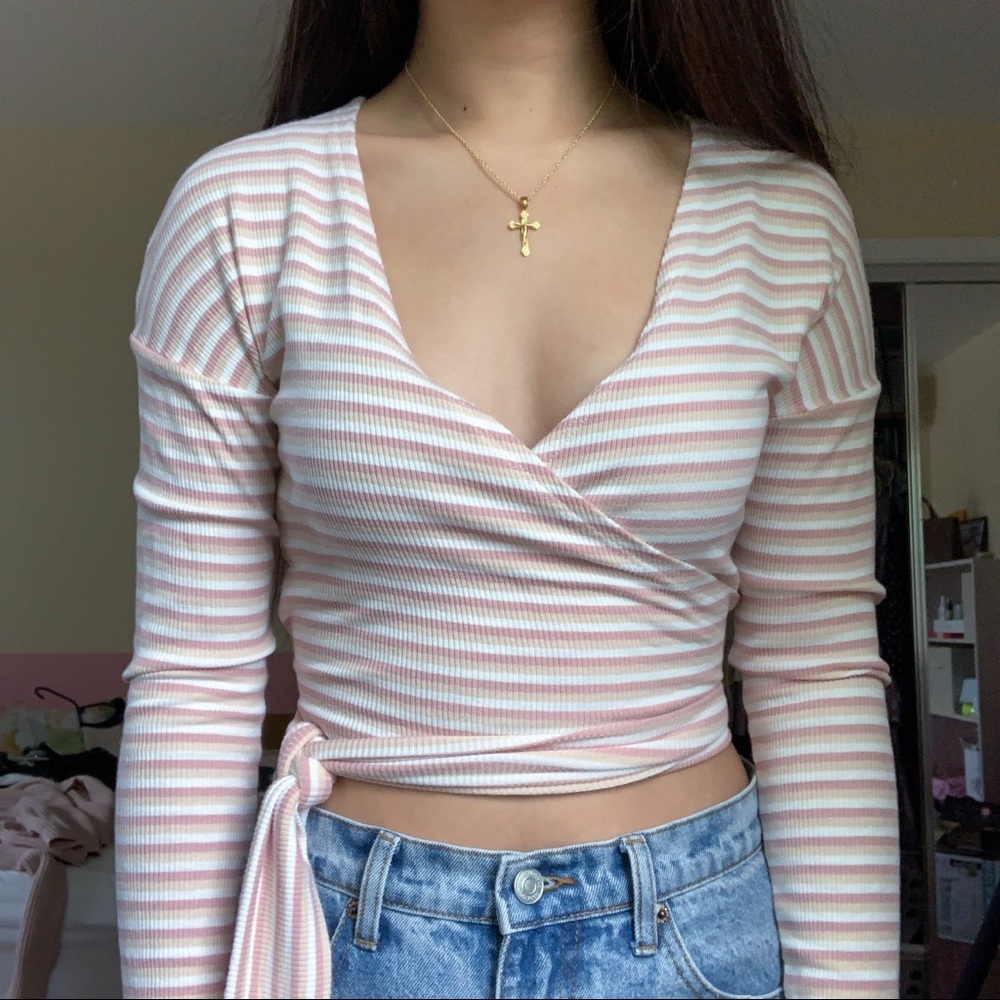 Ribbed wrap tie long sleeve top pink striped
